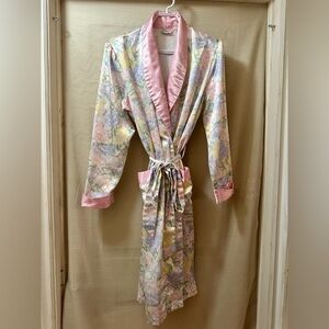 Vintage Kathryn Floral Satin Robe Pastel Pink Belted 80s 90s M